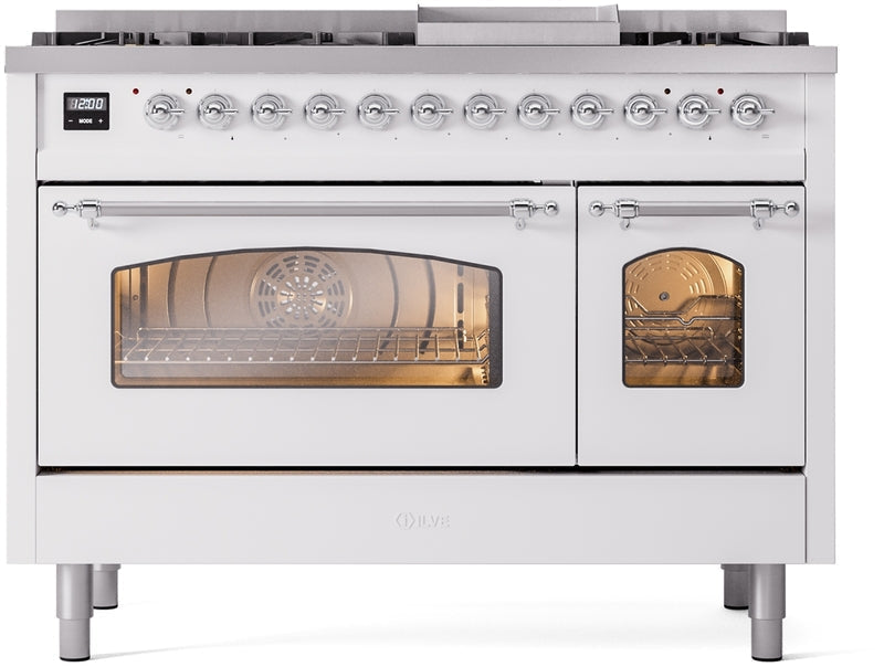 ILVE Nostalgie II 48" Dual Fuel Natural Gas Range in White with Chrome Trim, UP48FNMPWHC