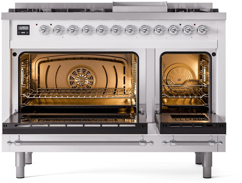 ILVE Nostalgie II 48" Dual Fuel Natural Gas Range in White with Chrome Trim, UP48FNMPWHC