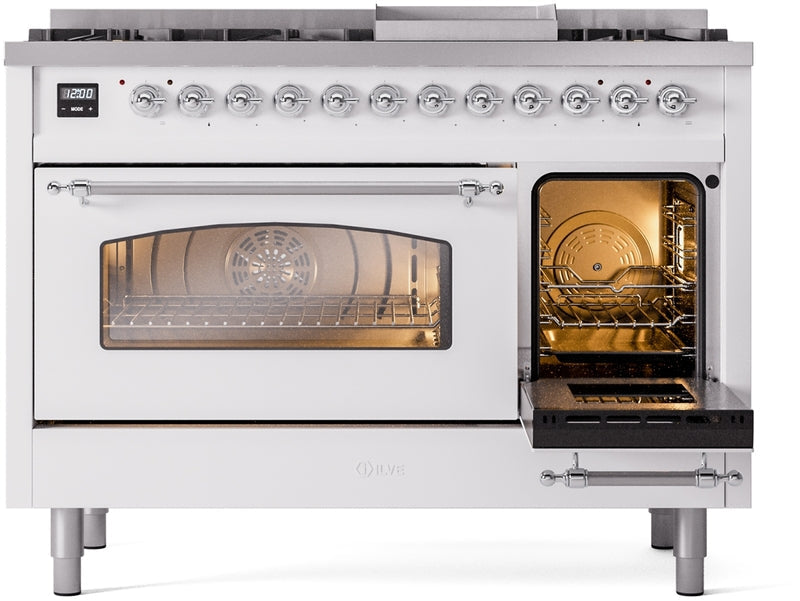 ILVE Nostalgie II 48" Dual Fuel Natural Gas Range in White with Chrome Trim, UP48FNMPWHC