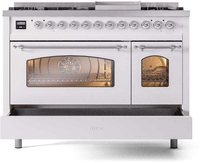 ILVE Nostalgie II 48" Dual Fuel Natural Gas Range in White with Chrome Trim, UP48FNMPWHC