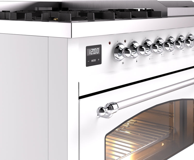 ILVE Nostalgie II 48" Dual Fuel Natural Gas Range in White with Chrome Trim, UP48FNMPWHC