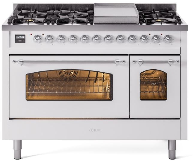 ILVE Nostalgie II 48" Dual Fuel Natural Gas Range in White with Chrome Trim, UP48FNMPWHC