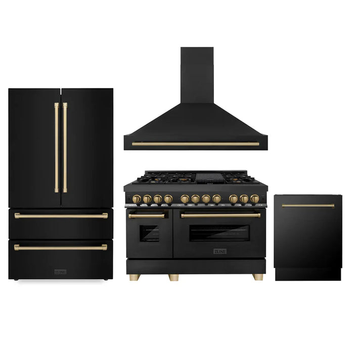 ZLINE Autograph Edition 48 in. Kitchen Package with Black Stainless Steel Dual Fuel Range, Range Hood, Dishwasher, and French Door Refrigerator with Champagne Bronze Accents (4AKPR-RABRHDWV48-CB)