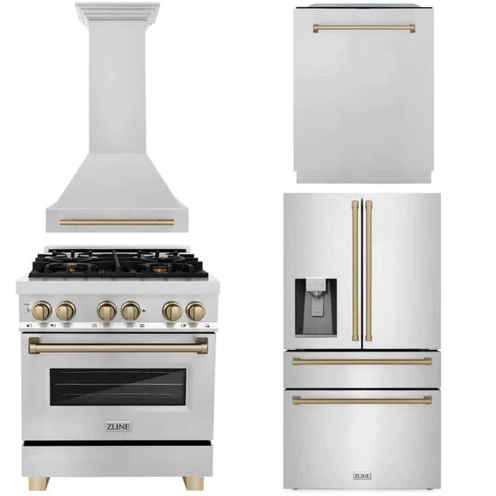 ZLINE Autograph Edition 30 in. Kitchen Package with Stainless Steel Dual Fuel Range, Range Hood, Dishwasher and French Door Refrigerator with External Water Dispenser and Champagne Bronze Accents (4AKPR-RARHDWM30-CB)