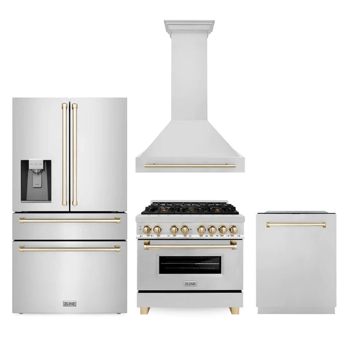 ZLINE Autograph Edition 36 in. Kitchen Package with Stainless Steel Dual Fuel Range, Range Hood, Dishwasher and Refrigeration Including External Water Dispenser with Polished Gold Accents (4AKPR-RARHDWM36-G)