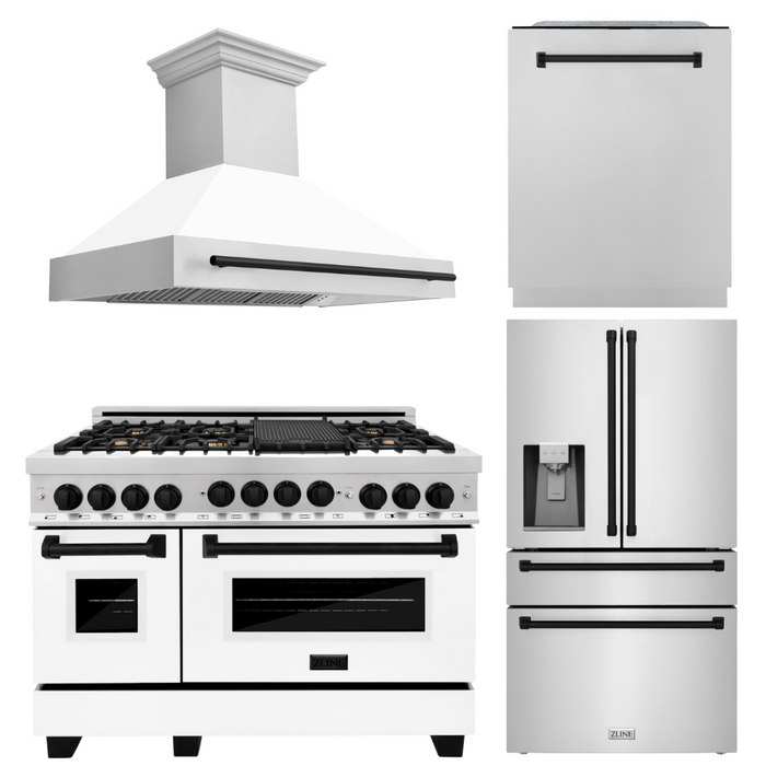 ZLINE Autograph Package - 48" Gas Range, Range Hood, Refrigerator with Water and Ice Dispenser, Dishwasher with Black Accents