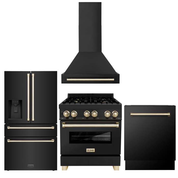 ZLINE Autograph Package - 30" Dual Fuel Range, Range Hood, Refrigerator, Dishwasher in Black Stainless with Gold Accents