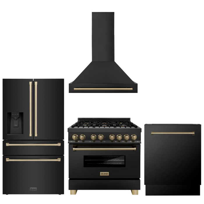 ZLINE Autograph Package - 36" Dual Fuel Range, Range Hood, Refrigerator with Water & Ice Dispenser, Dishwasher in Black Stainless with Bronze Accents