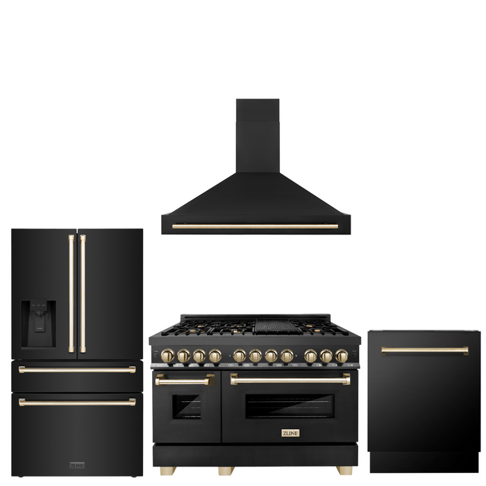 ZLINE Autograph Package - 48" Dual Fuel Range, Range Hood, Refrigerator, Dishwasher in Black Stainless, Gold Accents