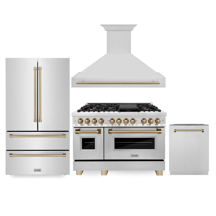 ZLINE Autograph Edition 48 in. Kitchen Package with Stainless Steel Dual Fuel Range, Range Hood, Dishwasher, and French Door Refrigerator with Champagne Bronze Accents (4KAPR-RARHDWM48-CB)