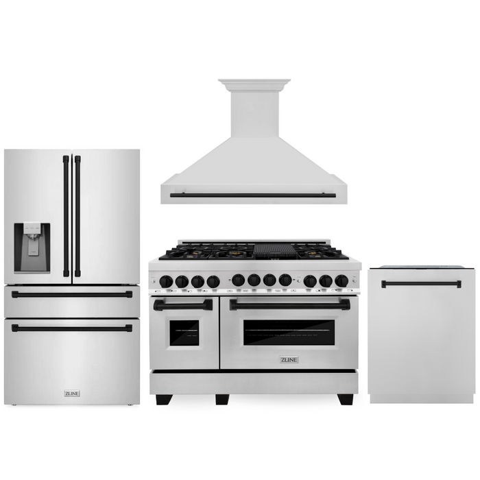 ZLINE Autograph Package - 48"Gas Range, Range Hood, Refrigerator, Dishwasher with Matte Black Accents