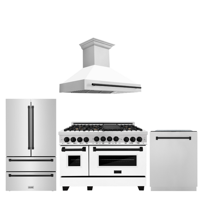 ZLINE Autograph Package - 48 In. Gas Range, Range Hood, Refrigerator, Dishwasher with Matte Black Accents, 4KAPR-RGWMRHDWM48-MB