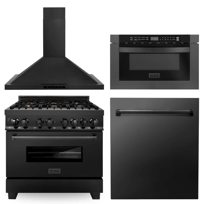 ZLINE Appliance Package - 36 in. Dual Fuel Range, Range Hood, Microwave, Dishwasher in Black Stainless Steel, 4KP-RABRBRH36-MWDW