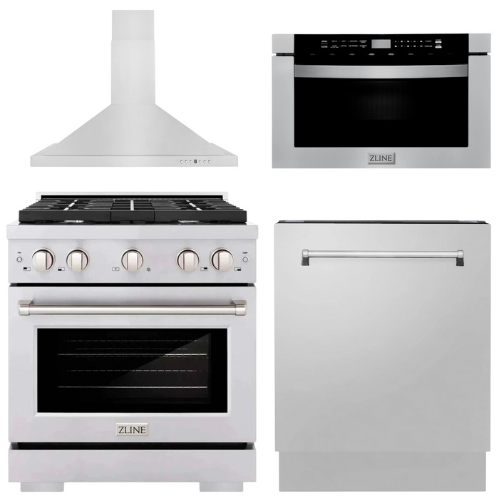 ZLINE Appliance Package - 30 in. Gas Range, Range Hood, Microwave Drawer, 3 Rack Dishwasher, 4KP-SGRRH30-MWDWV