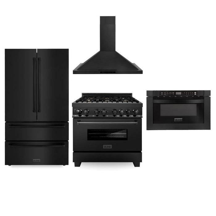 ZLINE Kitchen Package in Black Stainless Steel with 36 in. Refrigerator, 36 in. Dual Fuel Range, 36 in. Range Hood, and 24 in. Microwave Drawer (4KPR-RABRH36-MW)