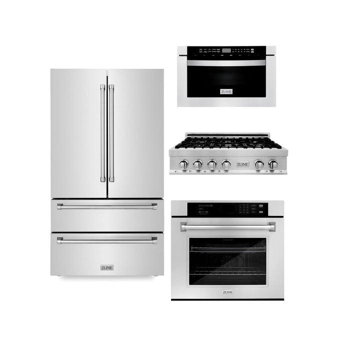 ZLINE Kitchen Package in Stainless Steel with 36 in. Refrigerator, 36 in. Gas Rangetop, 30 in. Wall Oven, 30 in. Microwave Oven (4KPR-RT36-MWAWS)