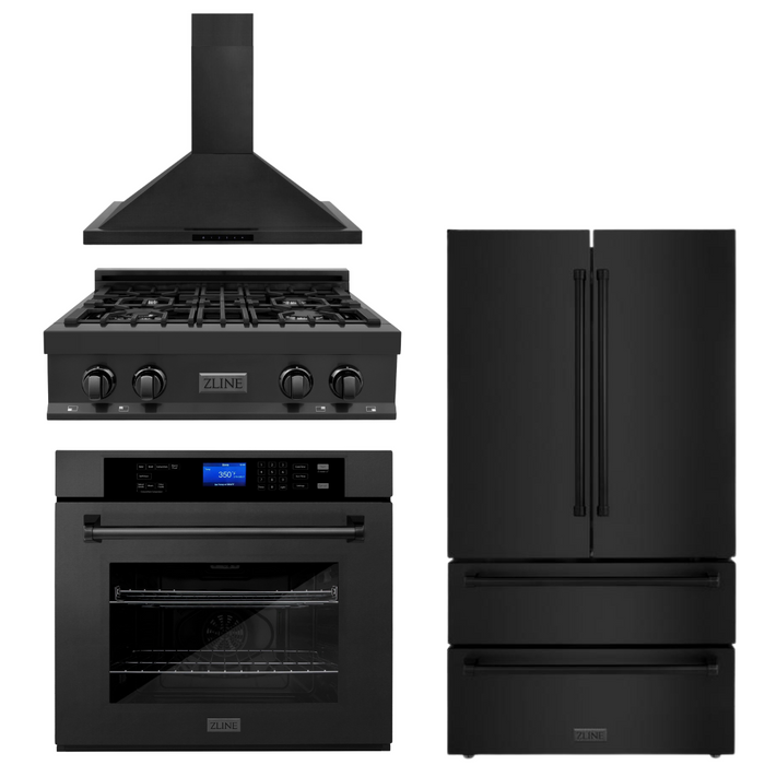 ZLINE 4-Piece Appliance Package - 30 In. Rangetop, Range Hood, Refrigerator, and Wall Oven in Black Stainless Steel, 4KPR-RTBRH30-AWS