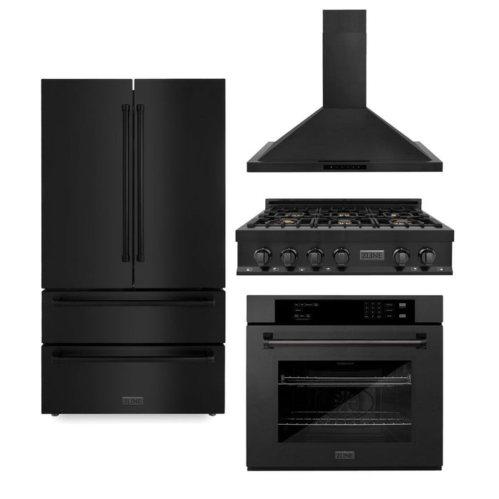 ZLINE Kitchen Package in Black Stainless Steel with 36 in. Refrigerator, 36 in. Rangetop, 36 in. Range Hood and 30 in. Single Wall Oven (4KPR-RTBRH36-AWS)