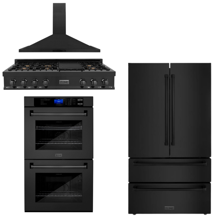 ZLINE 4-Piece Appliance Package - 48 In. Rangetop, Range Hood, Refrigerator, and Double Wall Oven in Black Stainless Steel, 4KPR-RTBRH48-AWD