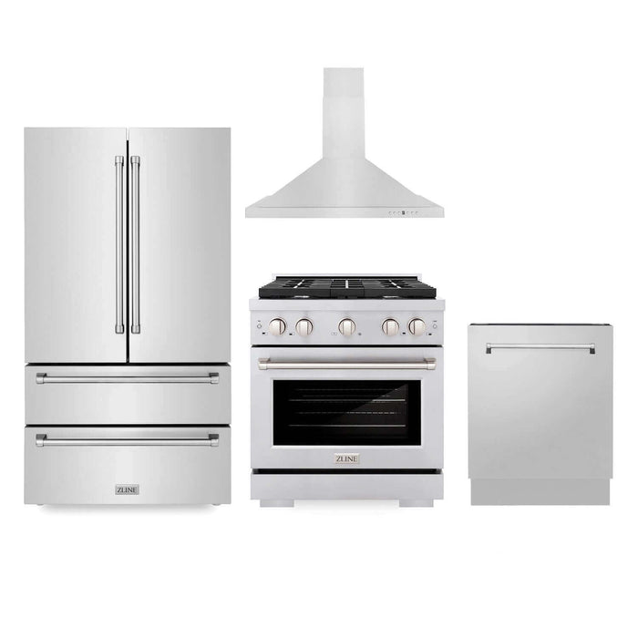 ZLINE Kitchen Package with Refrigeration, 30 in.  Stainless Steel Gas Range, 30 in.  Convertible Vent Range Hood and 24 in.  Tall Tub Dishwasher