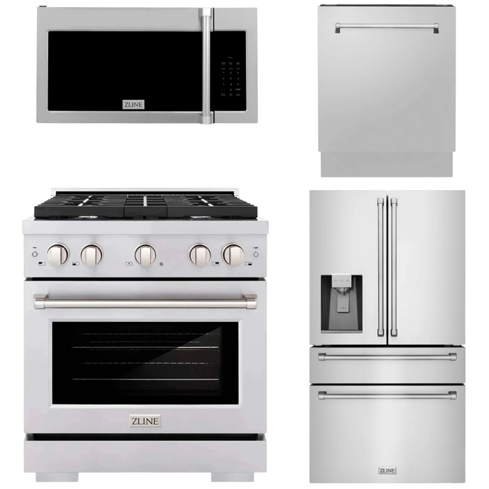 ZLINE Appliance Package - 30" Gas Range, Refrigerator with Water and Ice Dispenser, Microwave, Dishwasher