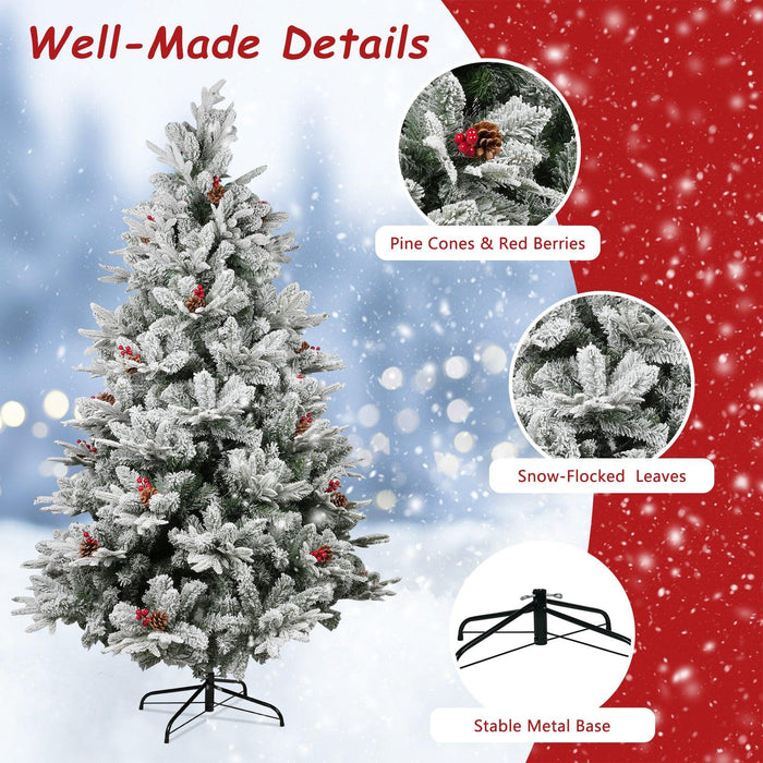 6.9ft Artificial Christmas Tree Snow Flocked Xmas Tree with 1150 Branch Tips Pine Cones and Red Berries