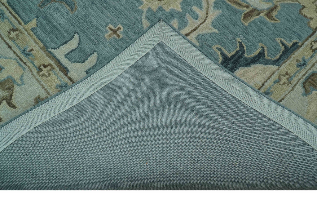 Custom Made Aqua, Ivory and Beige Hand Tufted Oriental Oushak wool area rug