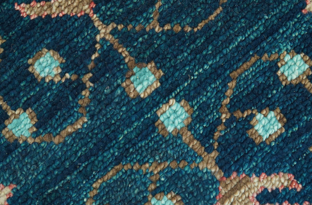 Custom Made Teal And Brown Traditional Tribal Design Hand Knotted Wool Rug