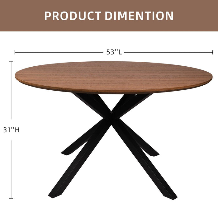 53" Round Mid-Century Modern Wooden Dining Table for 4-6 Kitchen Table with Solid Metal Leg