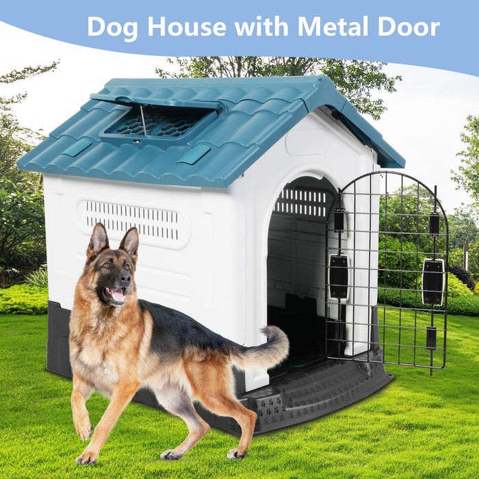 Outdoor Large Dog House Plastic Waterproof Kennel with Air Vents, 42.9"L x 40.5"W x 46.4"H, Blue Roof