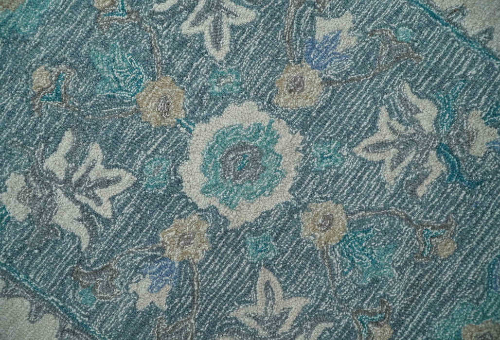 French Design Aubusson 8x10 Ivory and Blue Hand Tufted Wool Area Rug