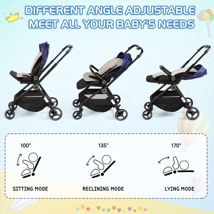 Easy Fold Baby Stroller Lightweight High Landscape Infant Pushchair with Reversible Seat, Blue