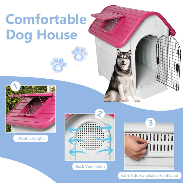 Outdoor Dog House Plastic Waterproof Kennel with Air Vents, 42"L x 33"W x 38"H, Red Roof