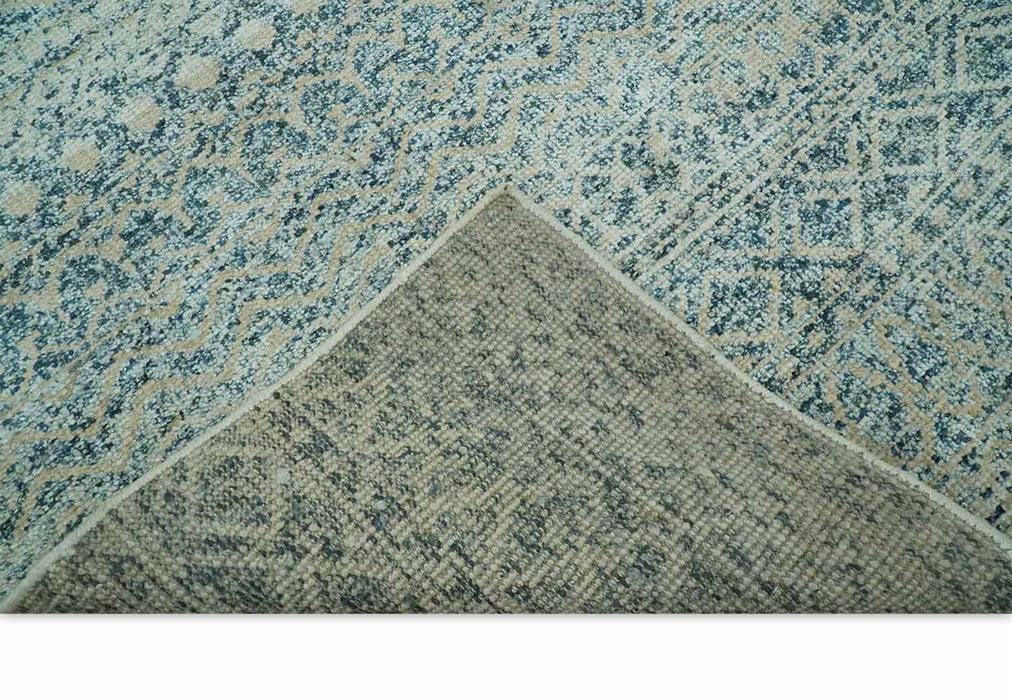 6X9 Teal and Beige Hand Knotted Southwestern Tribal Trellis recycled silk Rug