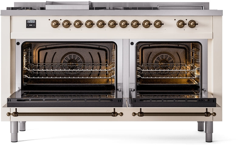 ILVE Nostalgie II 60" Dual Fuel Natural Gas Range in Antique White with Bronze Trim, UP60FSNMPAWB