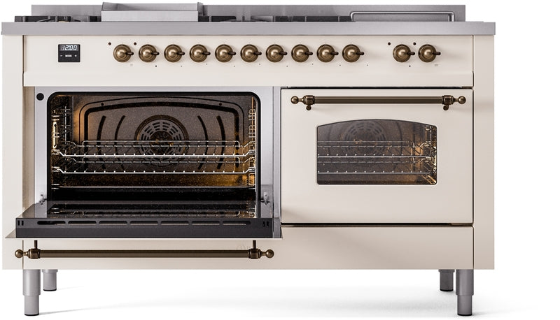 ILVE Nostalgie II 60" Dual Fuel Natural Gas Range in Antique White with Bronze Trim, UP60FSNMPAWB