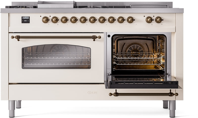 ILVE Nostalgie II 60" Dual Fuel Natural Gas Range in Antique White with Bronze Trim, UP60FSNMPAWB