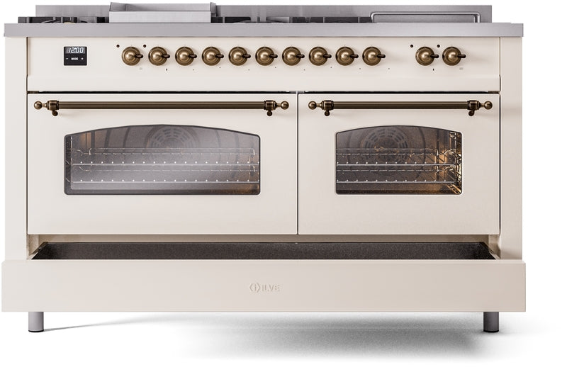 ILVE Nostalgie II 60" Dual Fuel Natural Gas Range in Antique White with Bronze Trim, UP60FSNMPAWB