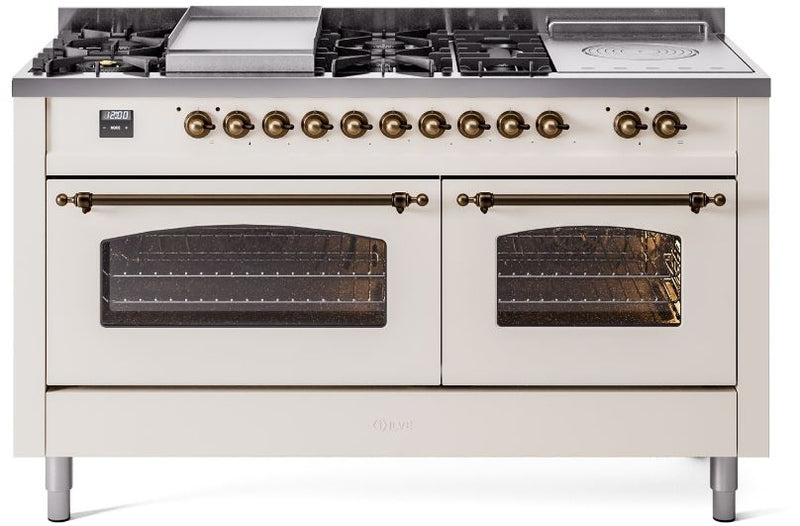 ILVE Nostalgie II 60" Dual Fuel Natural Gas Range in Antique White with Bronze Trim, UP60FSNMPAWB