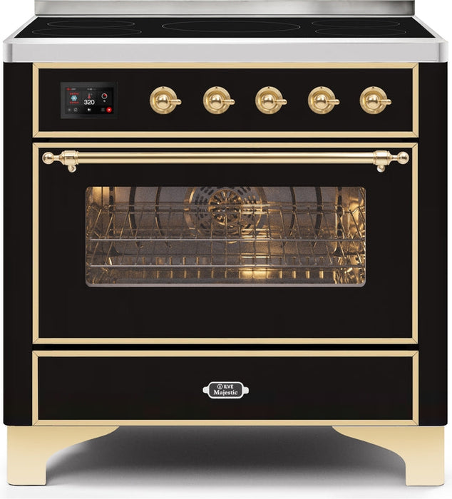 ILVE Majestic II 36" Induction Range with Element Stove and Electric Oven in Glossy Black with Brass Trim, UMI09NS3BKG