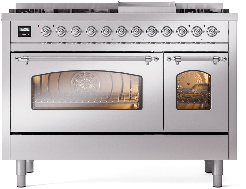 ILVE Nostalgie II 48" Dual Fuel Natural Gas Range in Stainless Steel with Chrome Trim, UP48FNMPSSC