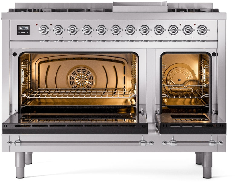 ILVE Nostalgie II 48" Dual Fuel Natural Gas Range in Stainless Steel with Chrome Trim, UP48FNMPSSC