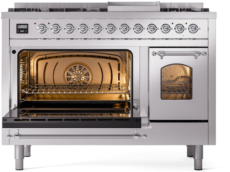 ILVE Nostalgie II 48" Dual Fuel Natural Gas Range in Stainless Steel with Chrome Trim, UP48FNMPSSC