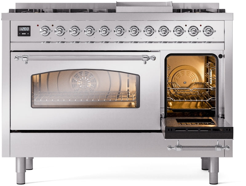 ILVE Nostalgie II 48" Dual Fuel Natural Gas Range in Stainless Steel with Chrome Trim, UP48FNMPSSC