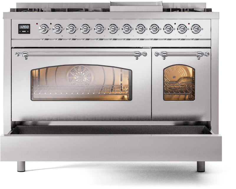 ILVE Nostalgie II 48" Dual Fuel Natural Gas Range in Stainless Steel with Chrome Trim, UP48FNMPSSC