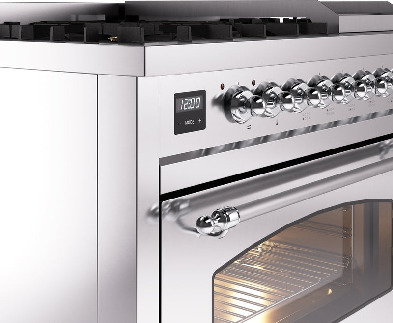 ILVE Nostalgie II 48" Dual Fuel Natural Gas Range in Stainless Steel with Chrome Trim, UP48FNMPSSC