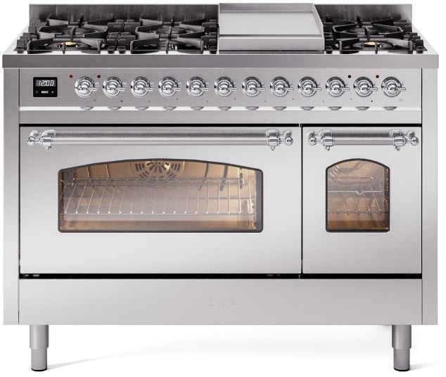 ILVE Nostalgie II 48" Dual Fuel Natural Gas Range in Stainless Steel with Chrome Trim, UP48FNMPSSC