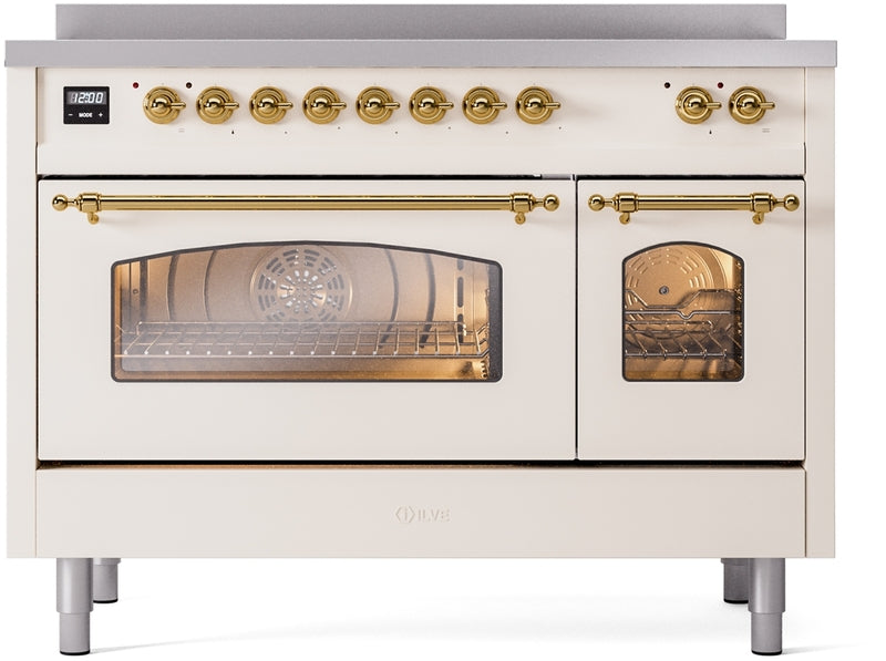 ILVE Nostalgie II 48" Induction Range with Element Stove and Electric Oven in Antique White with Brass Trim, UPI486NMPAWG