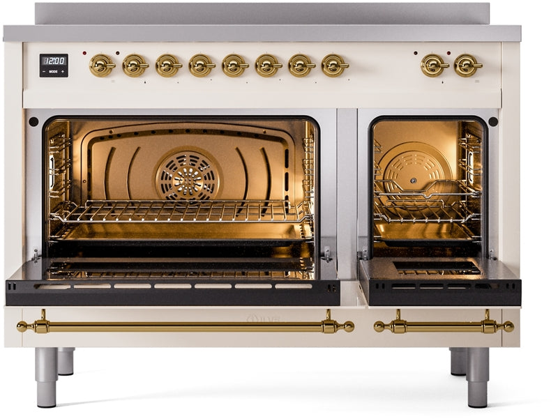 ILVE Nostalgie II 48" Induction Range with Element Stove and Electric Oven in Antique White with Brass Trim, UPI486NMPAWG