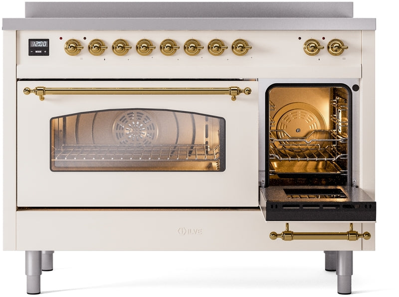 ILVE Nostalgie II 48" Induction Range with Element Stove and Electric Oven in Antique White with Brass Trim, UPI486NMPAWG